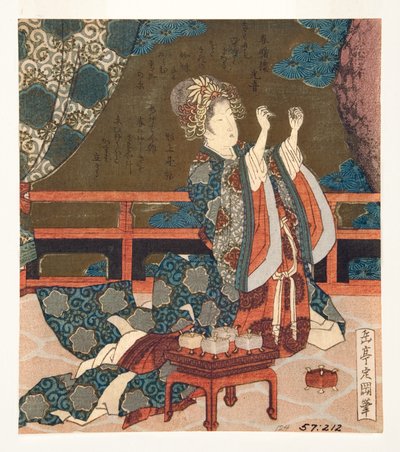 Chinese woman examining a thread by Yashima Gakutei